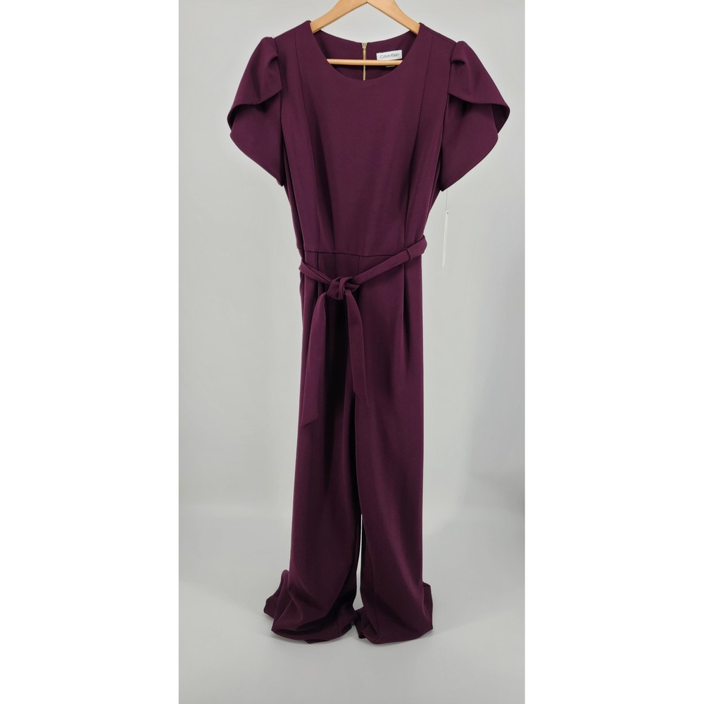 Calvin Klein Womens Purple Tulip Sleeve Tie Waist Wide Leg Jumpsuit Size 14 NWT